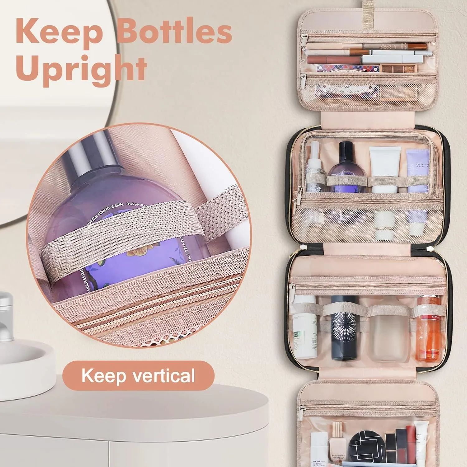 Polyester travel cosmetics wash bag with waterproof lining in multiple colour options