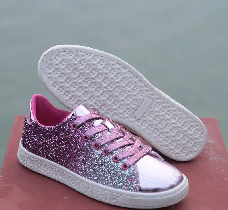 Women's colourful sequin low-top casual shoes in black, gold, or pink with lace-up front