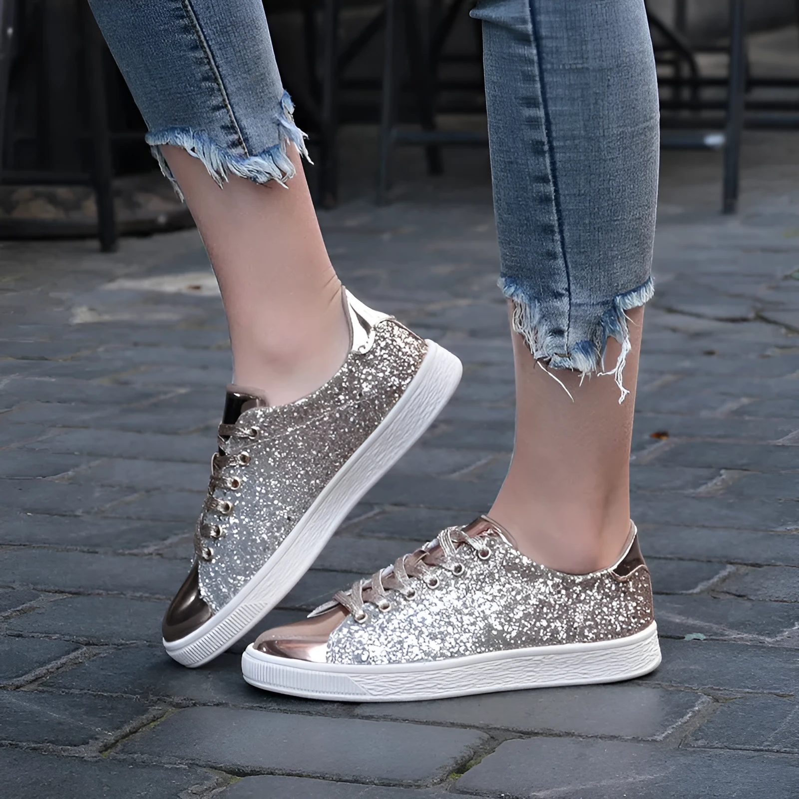 Women's colourful sequin low-top casual shoes in black, gold, or pink with lace-up front