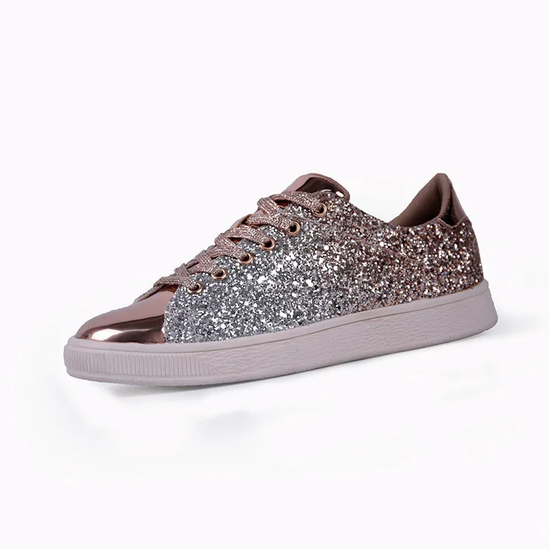 Women's colourful sequin low-top casual shoes in black, gold, or pink with lace-up front