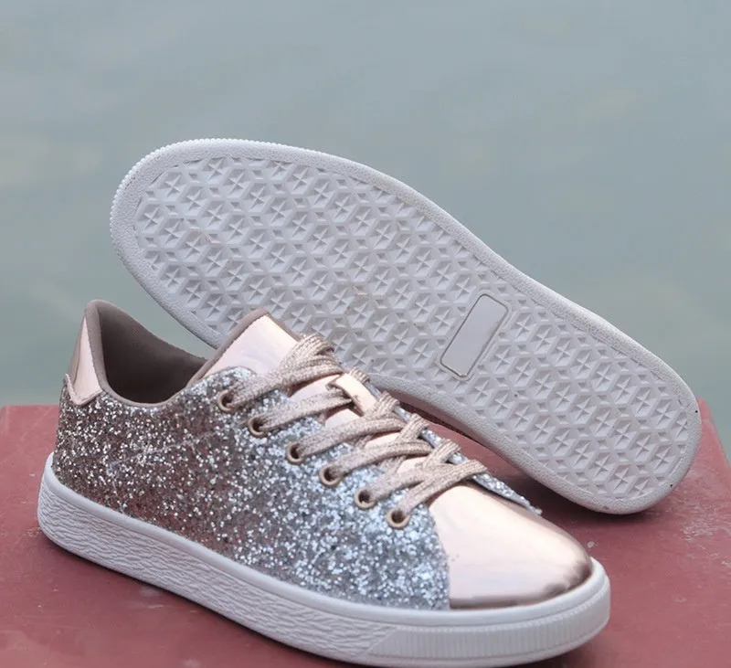 Women's colourful sequin low-top casual shoes in black, gold, or pink with lace-up front