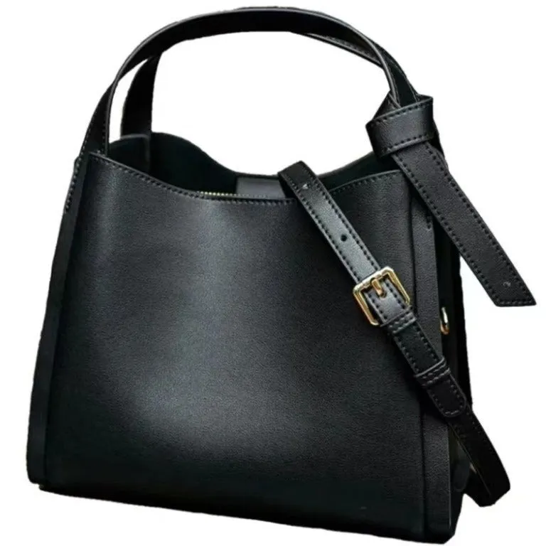 Genuine cowhide women's crossbody bucket bag showing internal zipper compartments and 25cm size