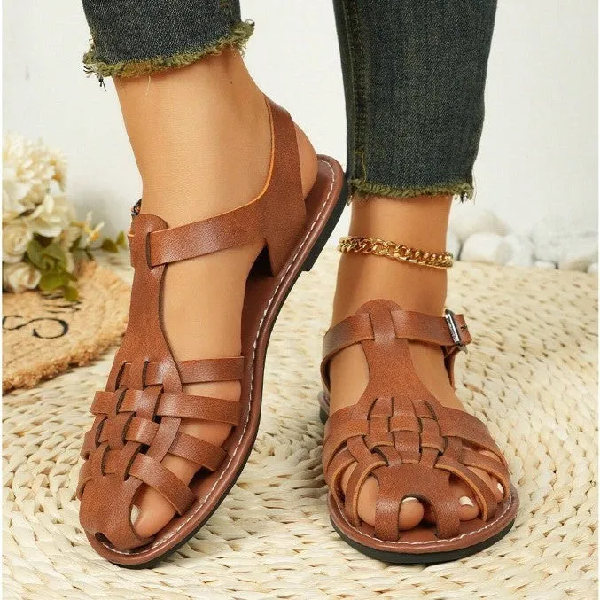 Dark brown women's vintage weave sandals with closed toe and buckle strap.