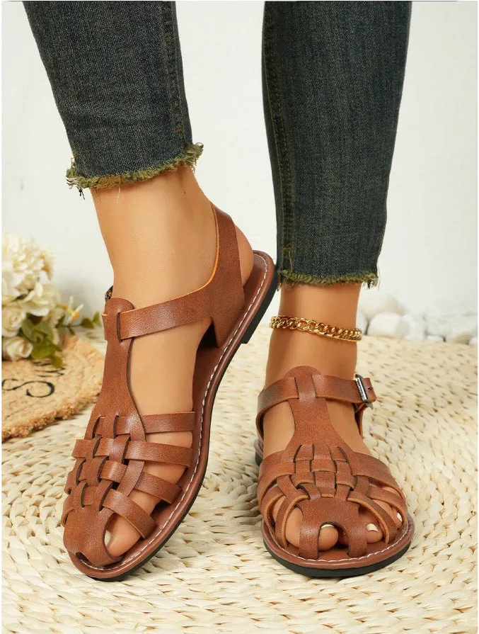 Dark brown women's vintage weave sandals with closed toe and buckle strap.