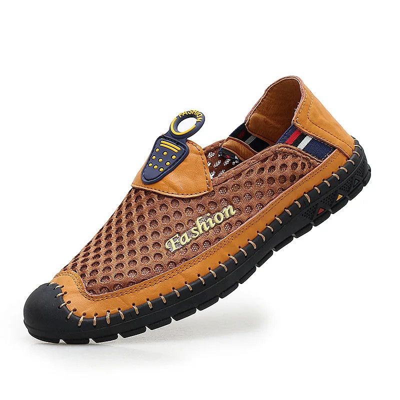 Men's brown breathable mesh casual shoes with round toe and rubber sole.