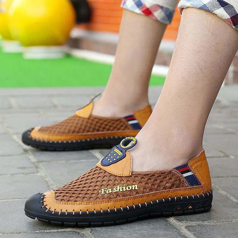 Men's brown breathable mesh casual shoes with round toe and rubber sole.