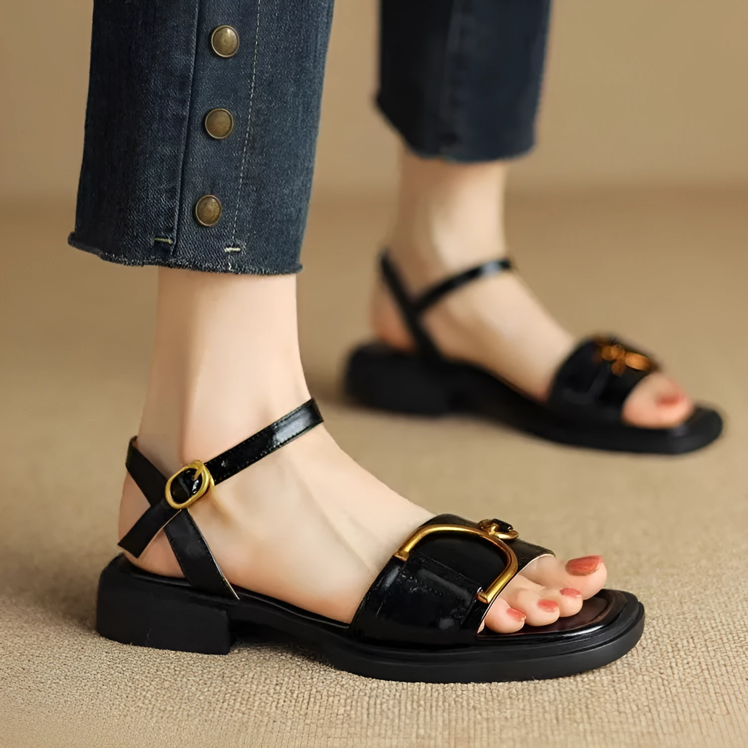 Women's beige leather sandals with a thick rubber sole and silver buckle fastening
