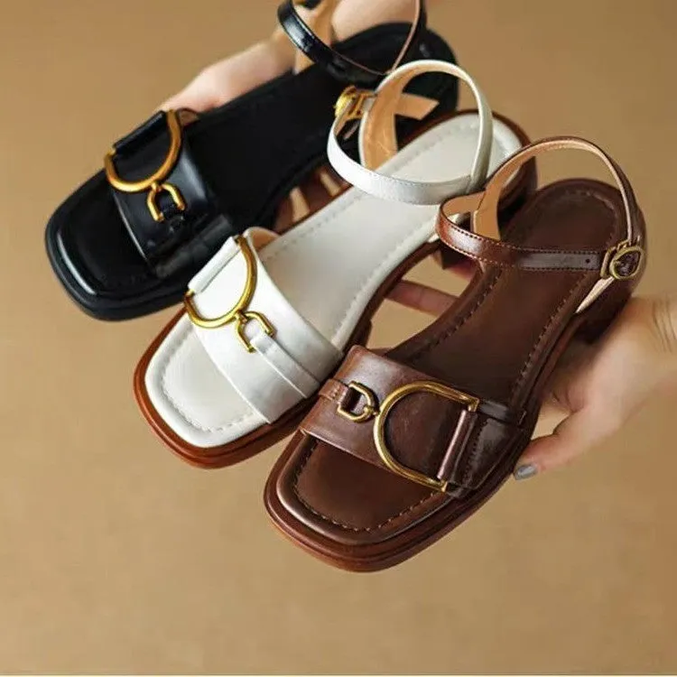 Women's beige leather sandals with a thick rubber sole and silver buckle fastening