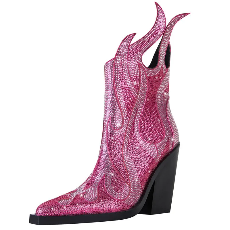 Women's square toe Martin boots with chunky heel and rhinestone flame decoration in multiple colours