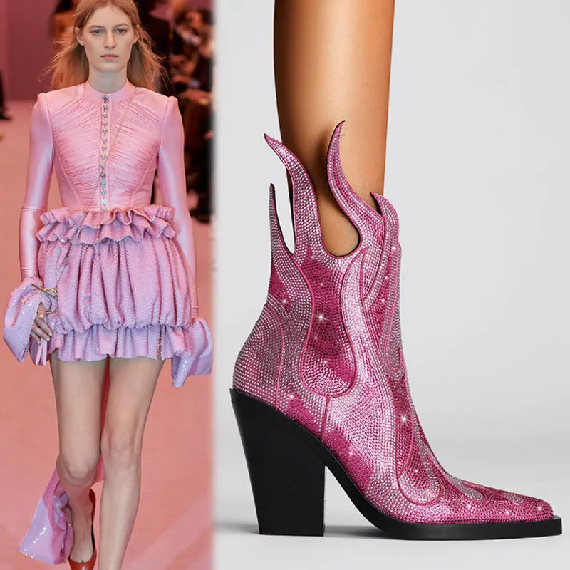 Women's square toe Martin boots with chunky heel and rhinestone flame decoration in multiple colours