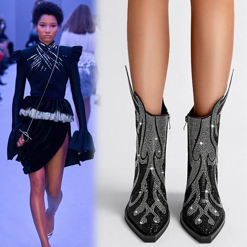 Women's square toe Martin boots with chunky heel and rhinestone flame decoration in multiple colours