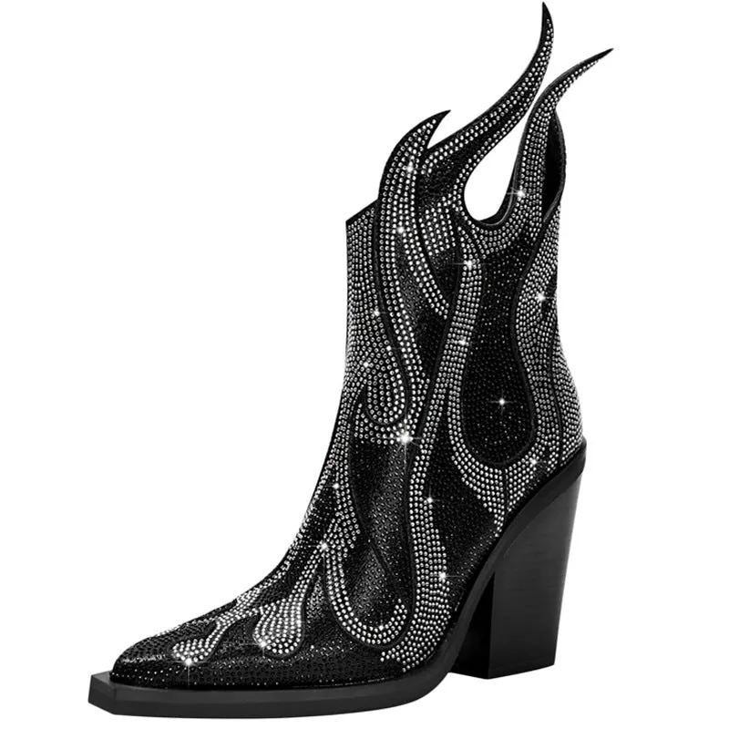 Women's square toe Martin boots with chunky heel and rhinestone flame decoration in multiple colours