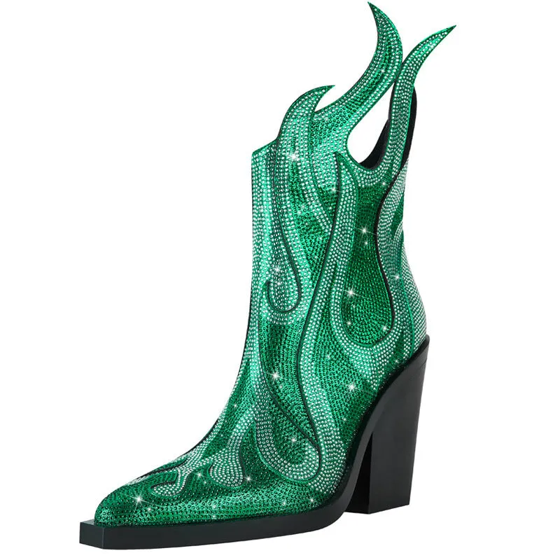 Women's square toe Martin boots with chunky heel and rhinestone flame decoration in multiple colours