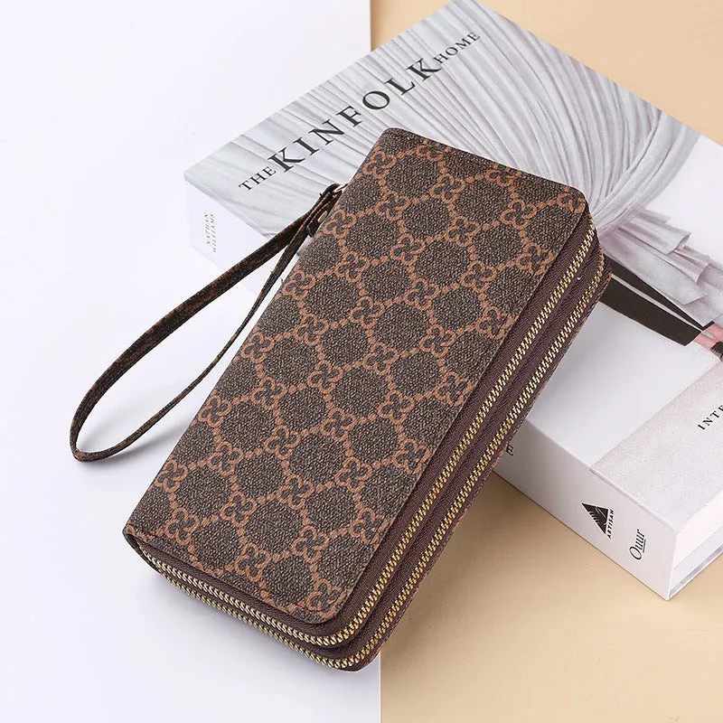 PU leather long wallet clutch with mobile phone compartment, coin purse and zipper closure in European retro style