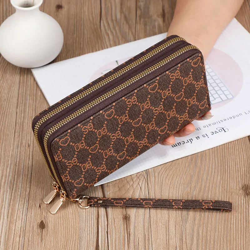 PU leather long wallet clutch with mobile phone compartment, coin purse and zipper closure in European retro style