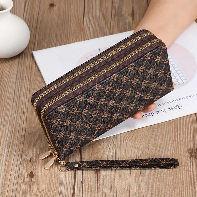 PU leather long wallet clutch with mobile phone compartment, coin purse and zipper closure in European retro style