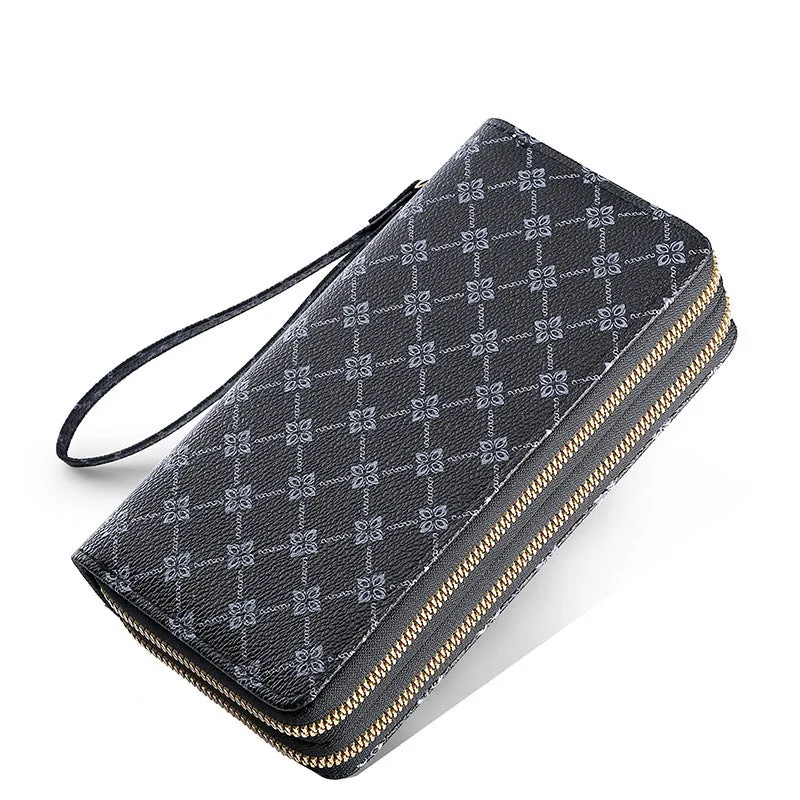 PU leather long wallet clutch with mobile phone compartment, coin purse and zipper closure in European retro style