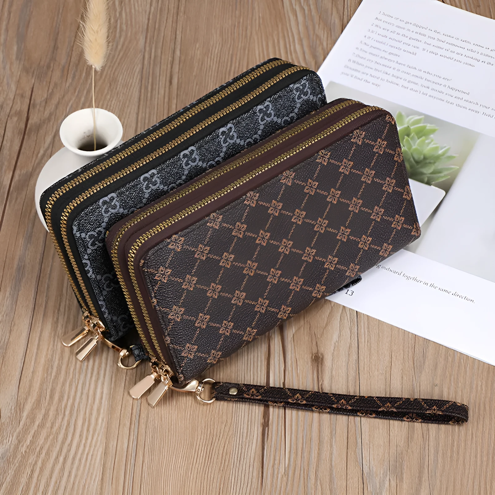 PU leather long wallet clutch with mobile phone compartment, coin purse and zipper closure in European retro style