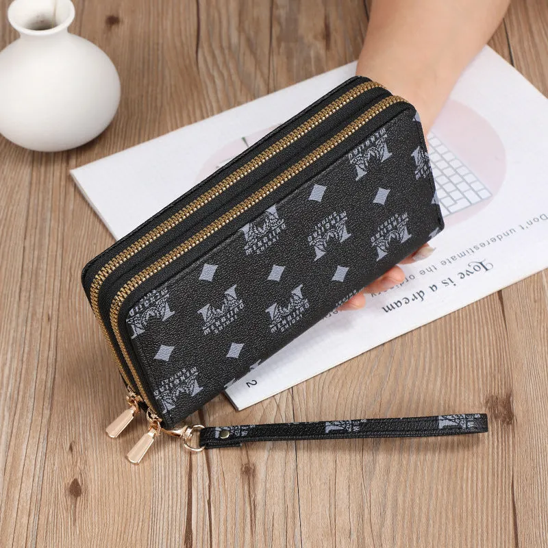 PU leather long wallet clutch with mobile phone compartment, coin purse and zipper closure in European retro style