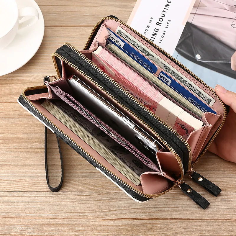 PU leather long wallet clutch with mobile phone compartment, coin purse and zipper closure in European retro style