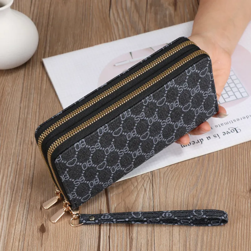 PU leather long wallet clutch with mobile phone compartment, coin purse and zipper closure in European retro style