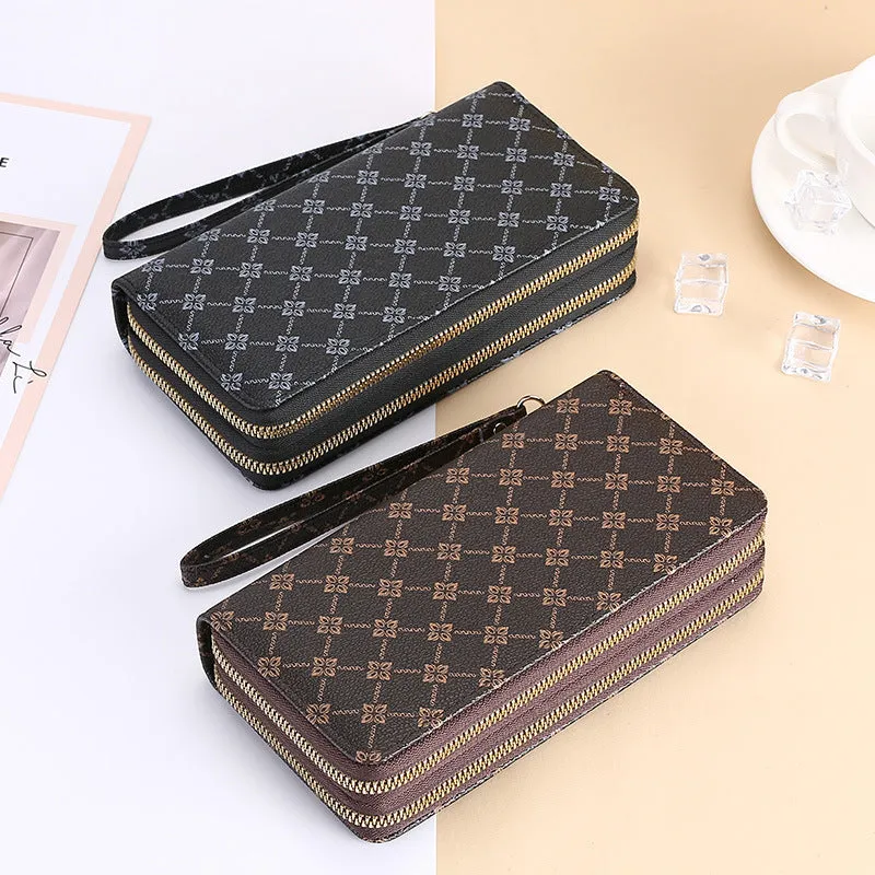 PU leather long wallet clutch with mobile phone compartment, coin purse and zipper closure in European retro style