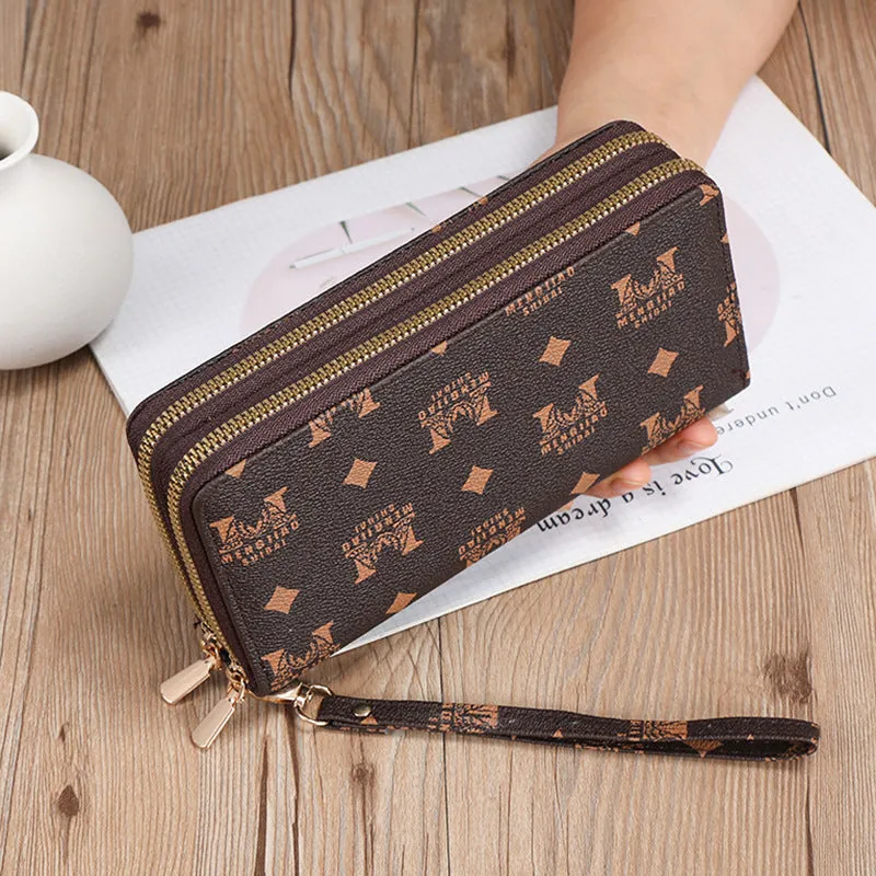 PU leather long wallet clutch with mobile phone compartment, coin purse and zipper closure in European retro style
