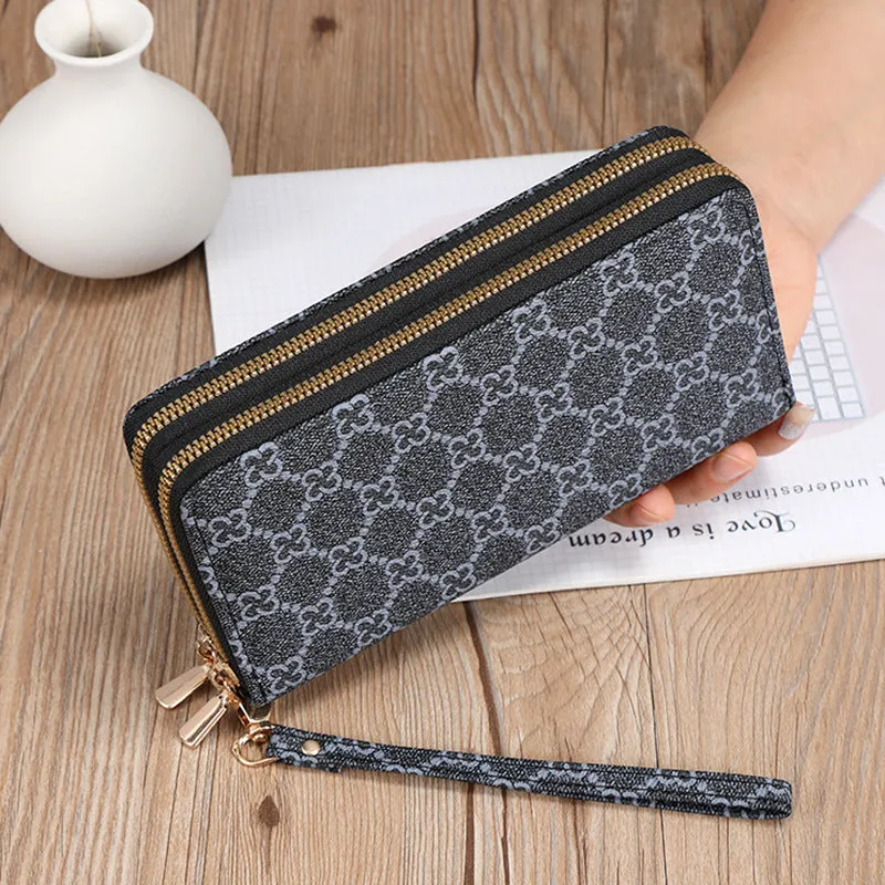PU leather long wallet clutch with mobile phone compartment, coin purse and zipper closure in European retro style