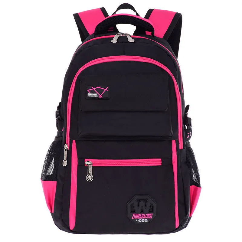 Waterproof nylon school backpack for students in blue, showing main compartment and side pockets.