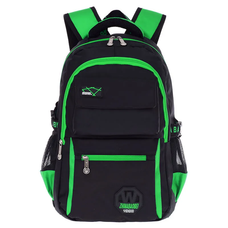 Waterproof nylon school backpack for students in blue, showing main compartment and side pockets.