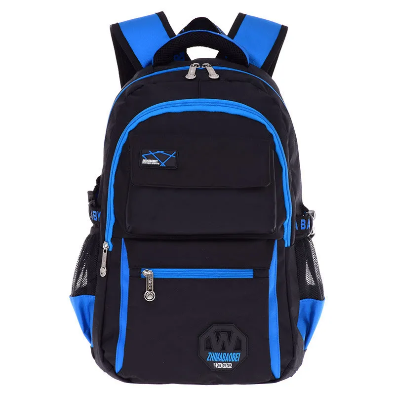 Waterproof nylon school backpack for students in blue, showing main compartment and side pockets.