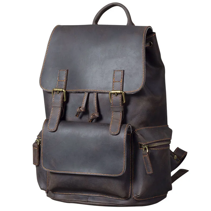 Retro crazy horse leather backpack in brown with denim lining and double shoulder straps