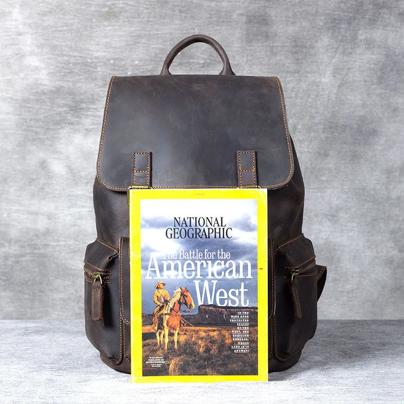 Retro crazy horse leather backpack in brown with denim lining and double shoulder straps