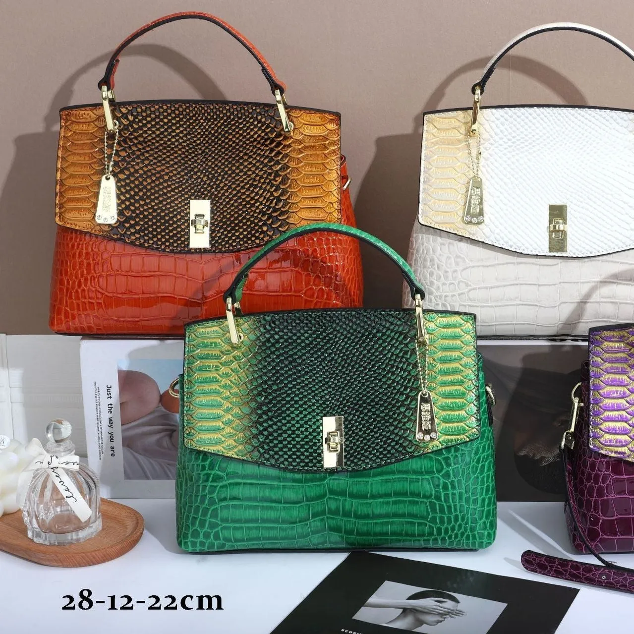 Women's crocodile and snake pattern crossbody handbag in horizontal square shape with double shoulder straps