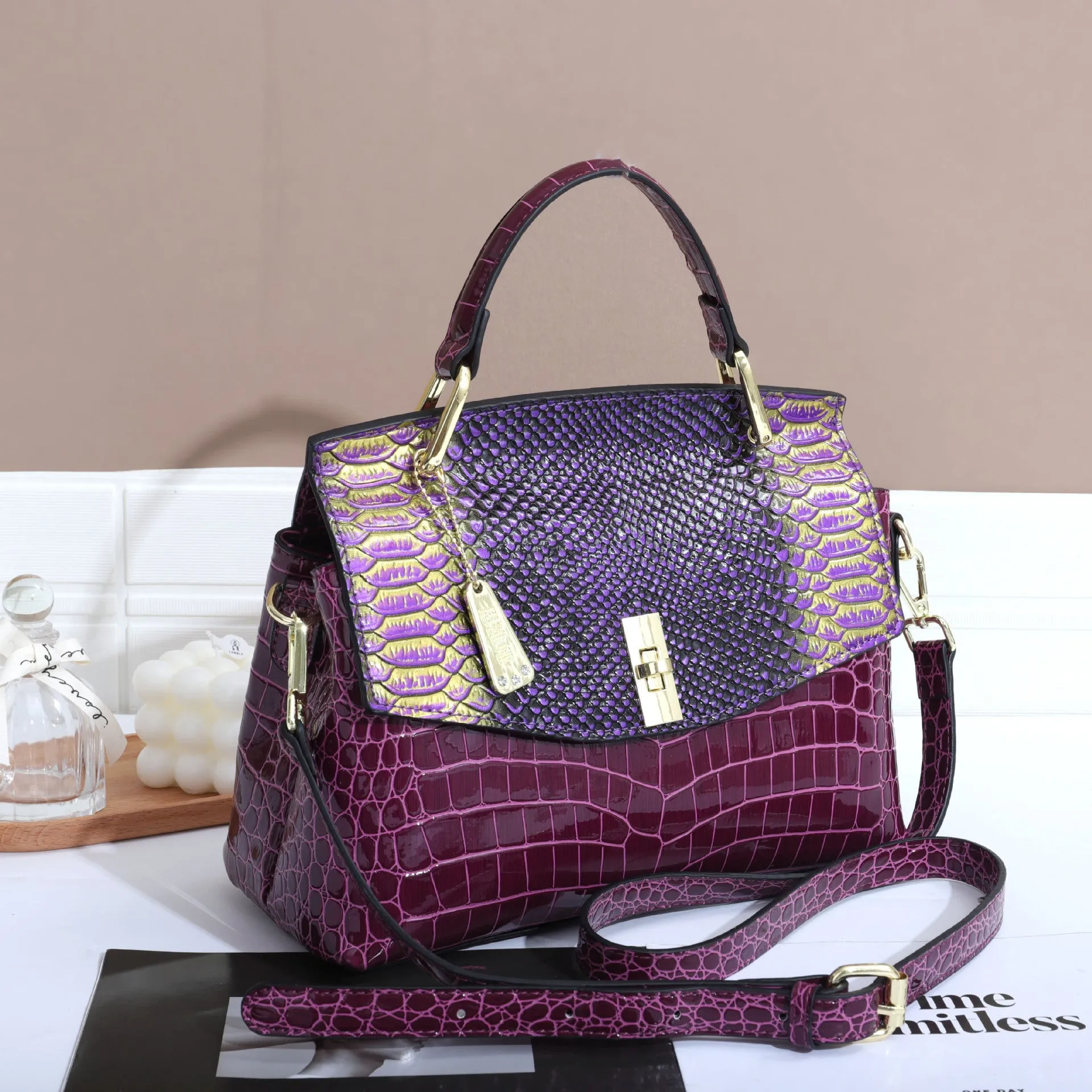 Women's crocodile and snake pattern crossbody handbag in horizontal square shape with double shoulder straps