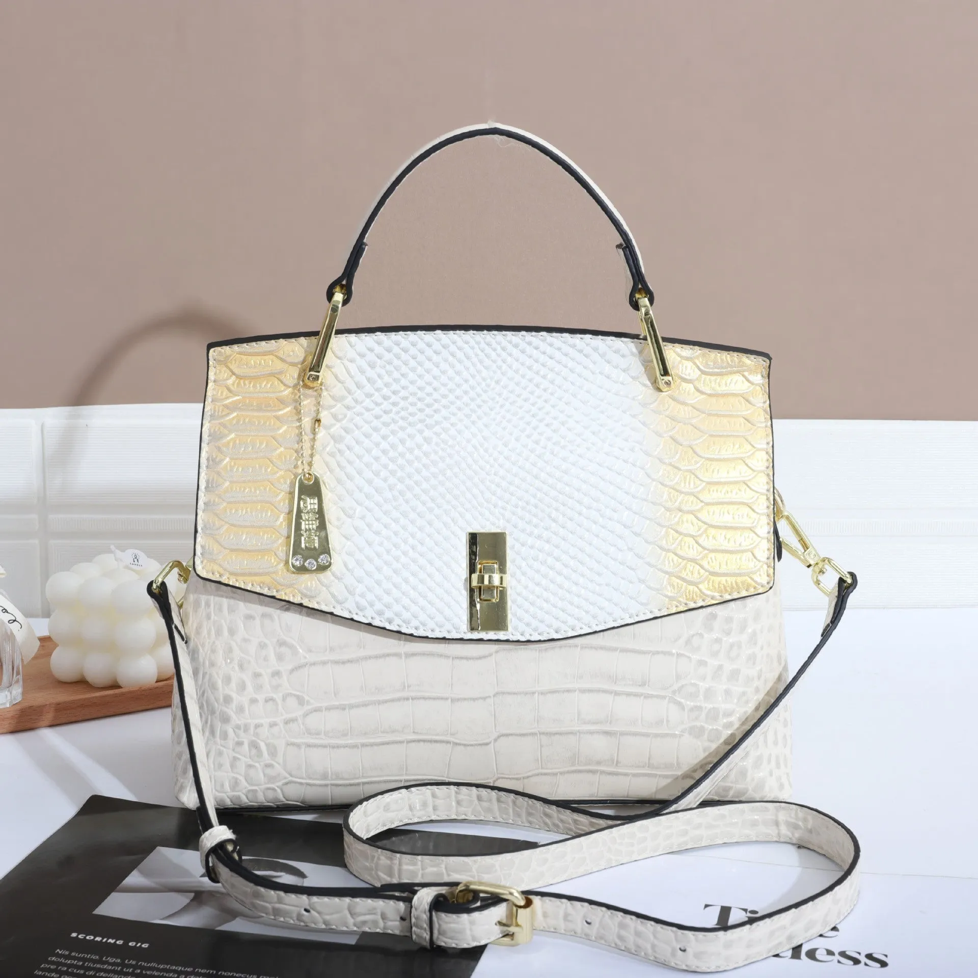 Women's crocodile and snake pattern crossbody handbag in horizontal square shape with double shoulder straps