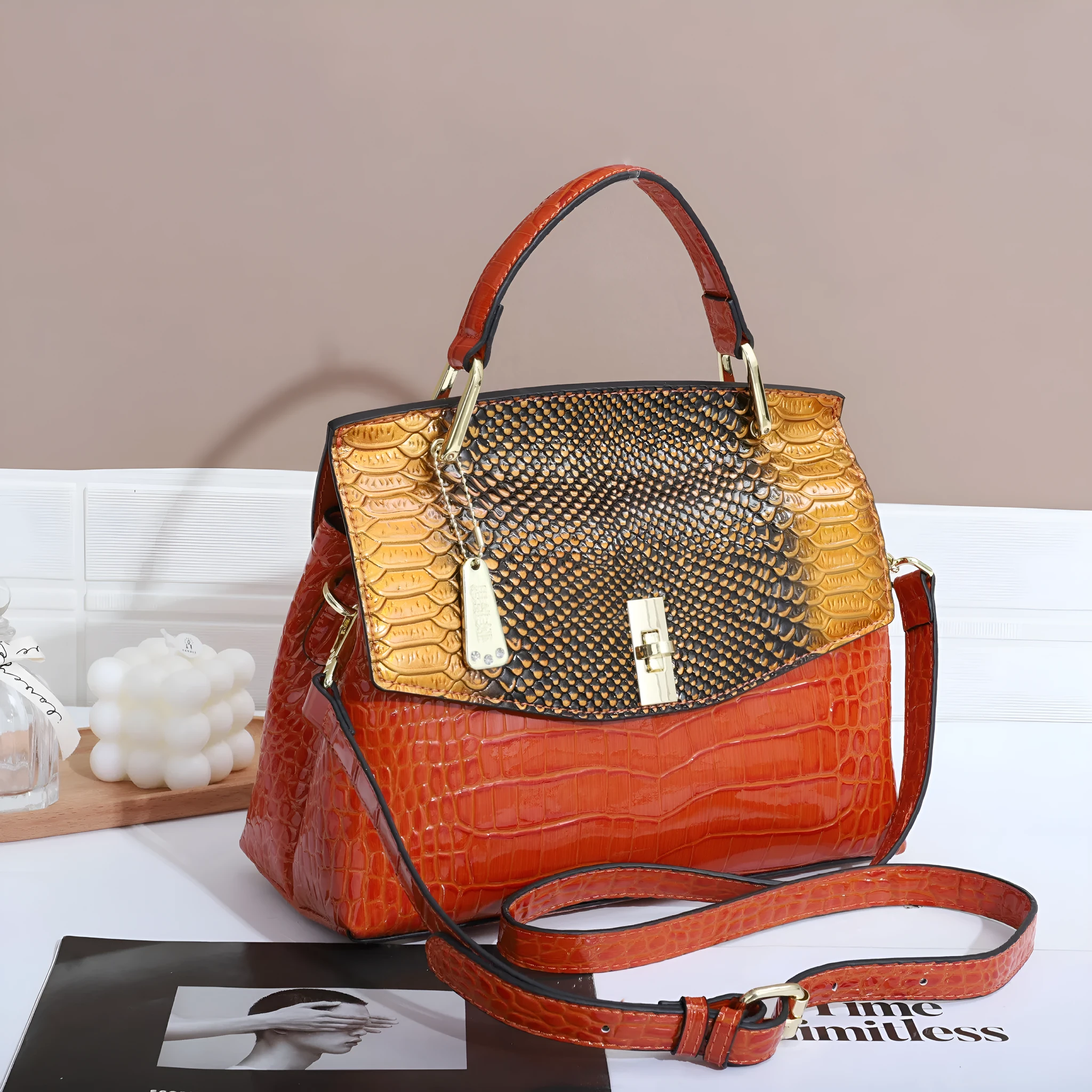 Women's crocodile and snake pattern crossbody handbag in horizontal square shape with double shoulder straps