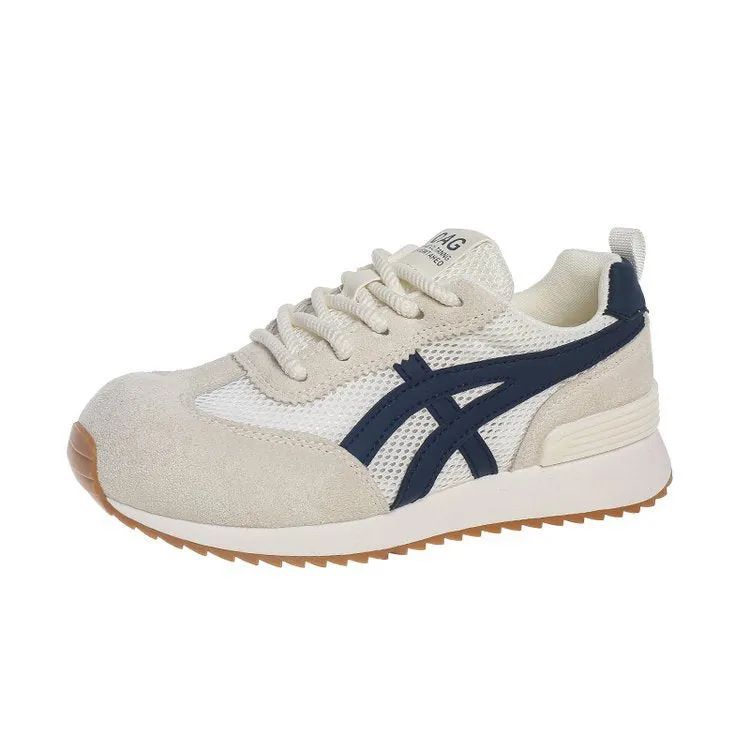 Women's white lace-up casual sneaker with round toe and flat non-slip sole.