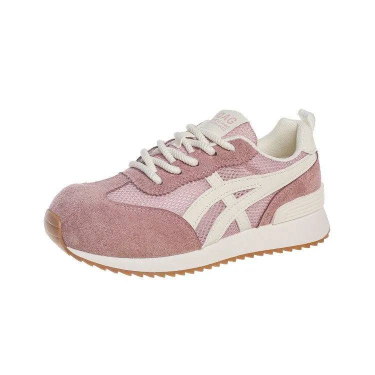 Women's white lace-up casual sneaker with round toe and flat non-slip sole.