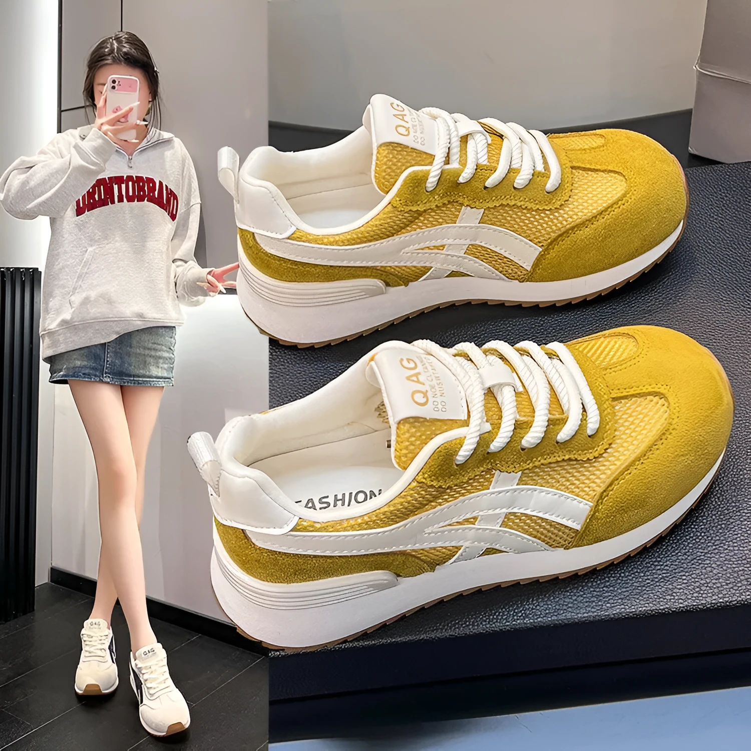 Women's white lace-up casual sneaker with round toe and flat non-slip sole.