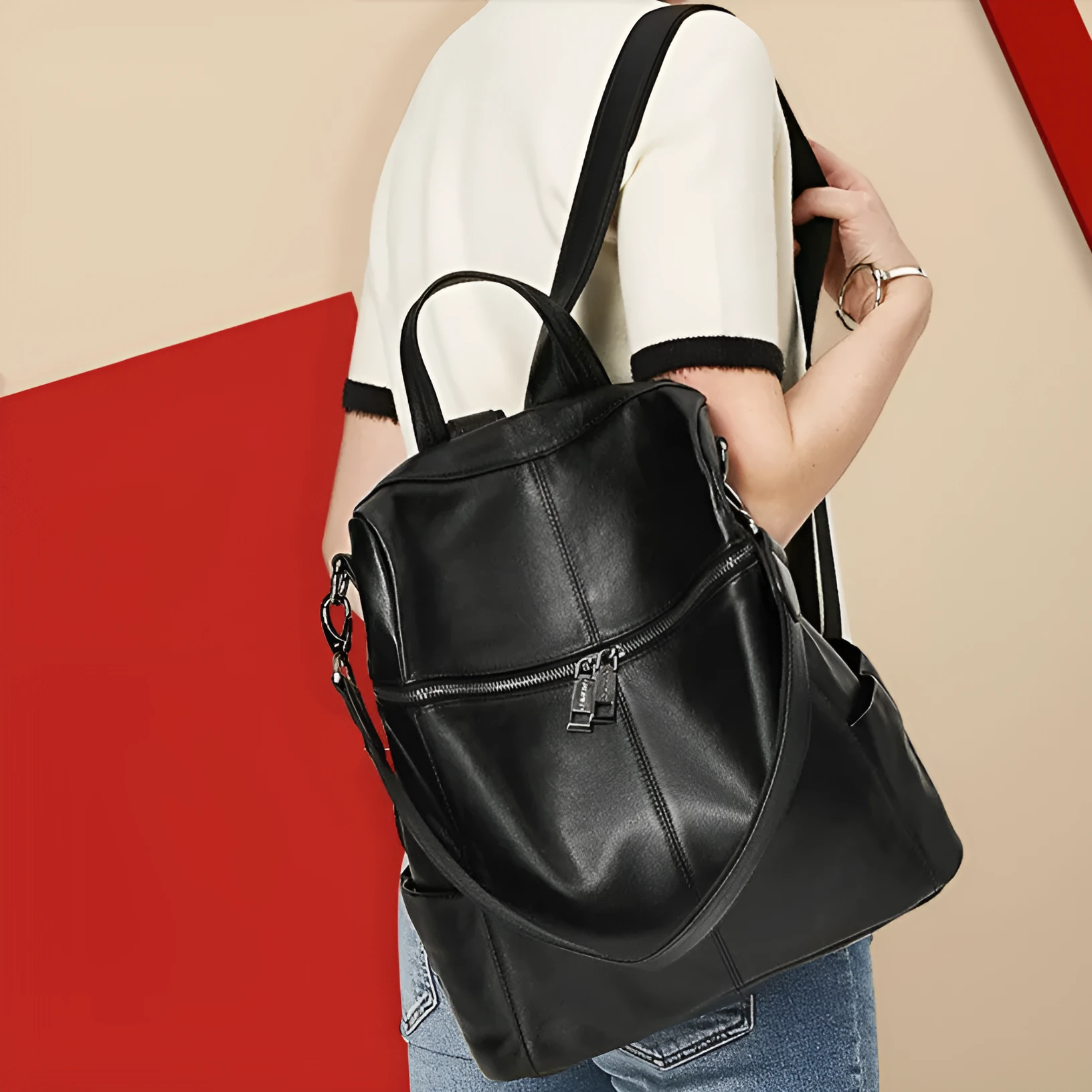 Genuine leather women's retro backpack with waterproof function and organised internal compartments