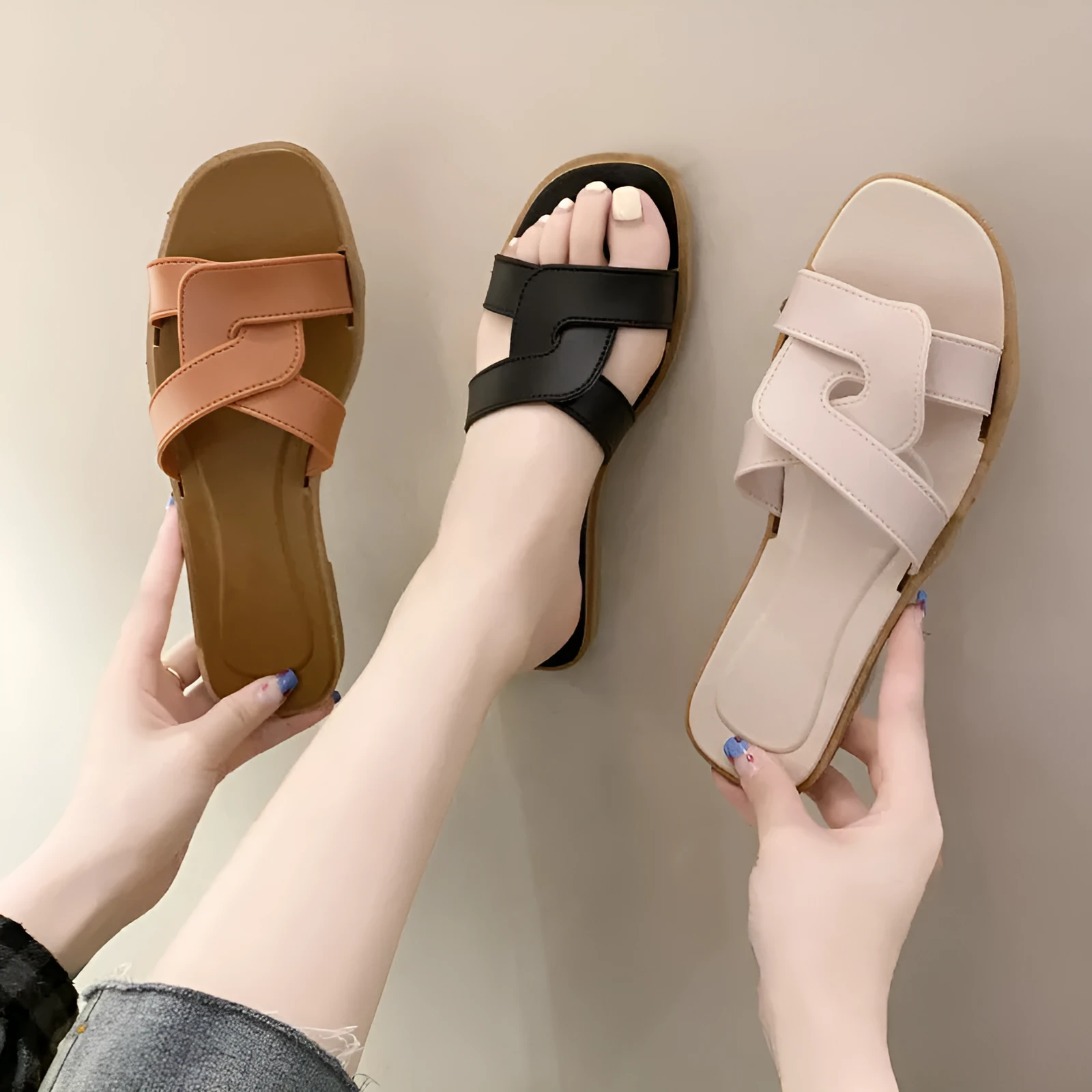 Women's PVC cross-strap sandals with toe ring design and non-slip soles in light blue colour