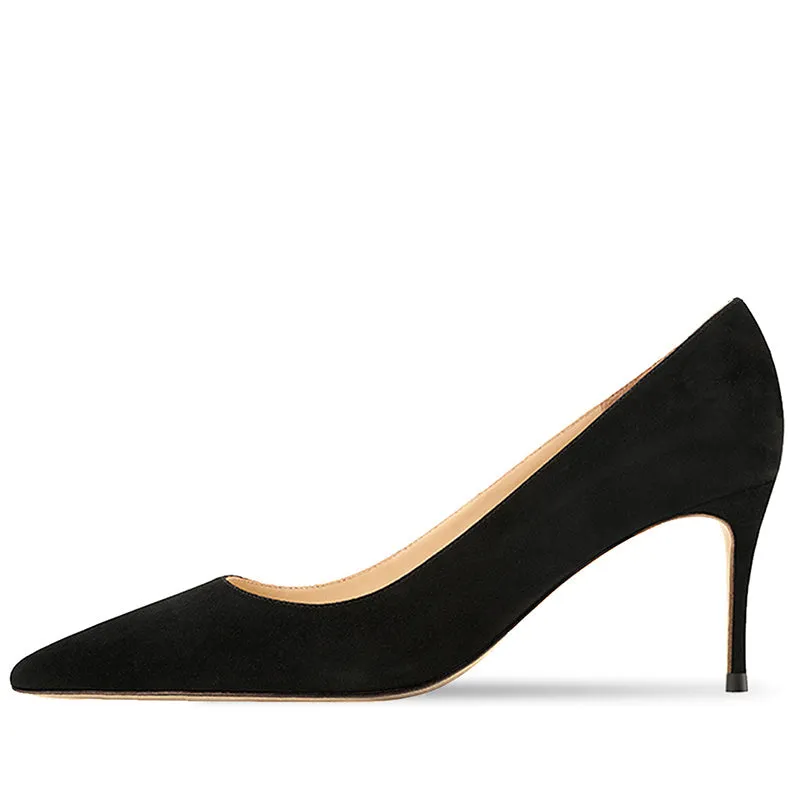 Women's high-heeled pointed toe shoes with soft sole construction in black and skin tones