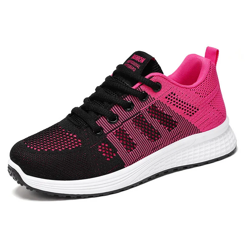 Women's Flyknit running shoes in black, rose red, or gray pink with a soft sole and flat heel.
