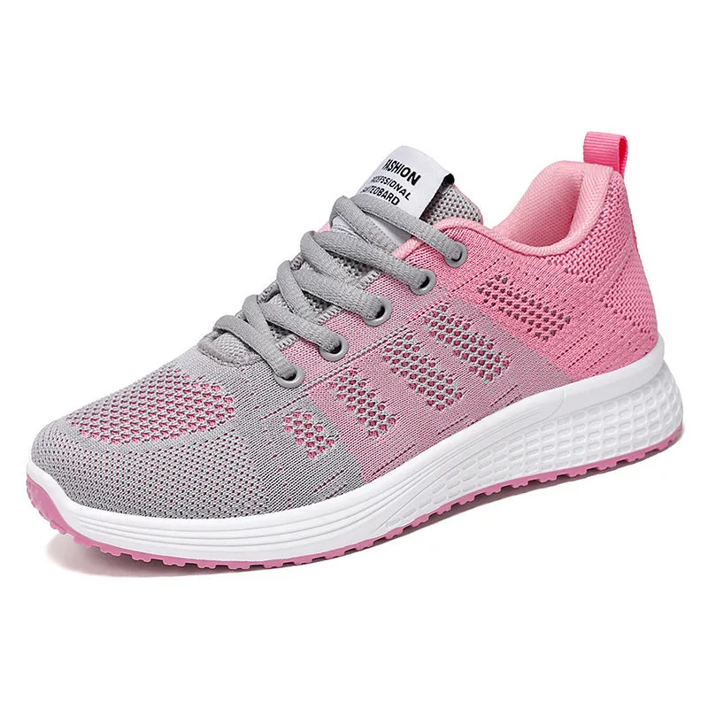 Women's Flyknit running shoes in black, rose red, or gray pink with a soft sole and flat heel.