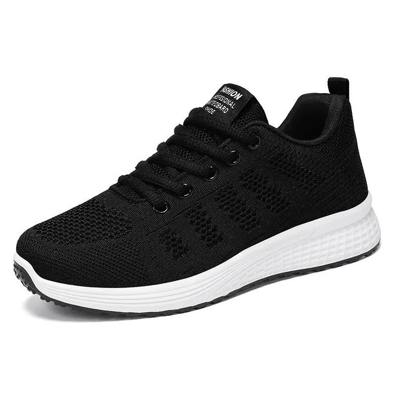Women's Flyknit running shoes in black, rose red, or gray pink with a soft sole and flat heel.