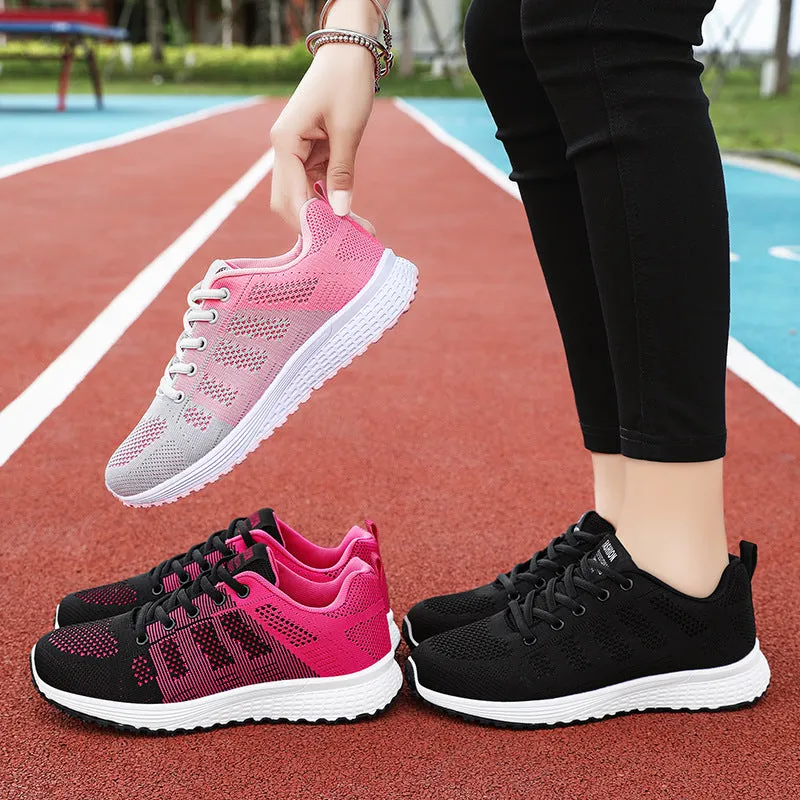 Women's Flyknit running shoes in black, rose red, or gray pink with a soft sole and flat heel.