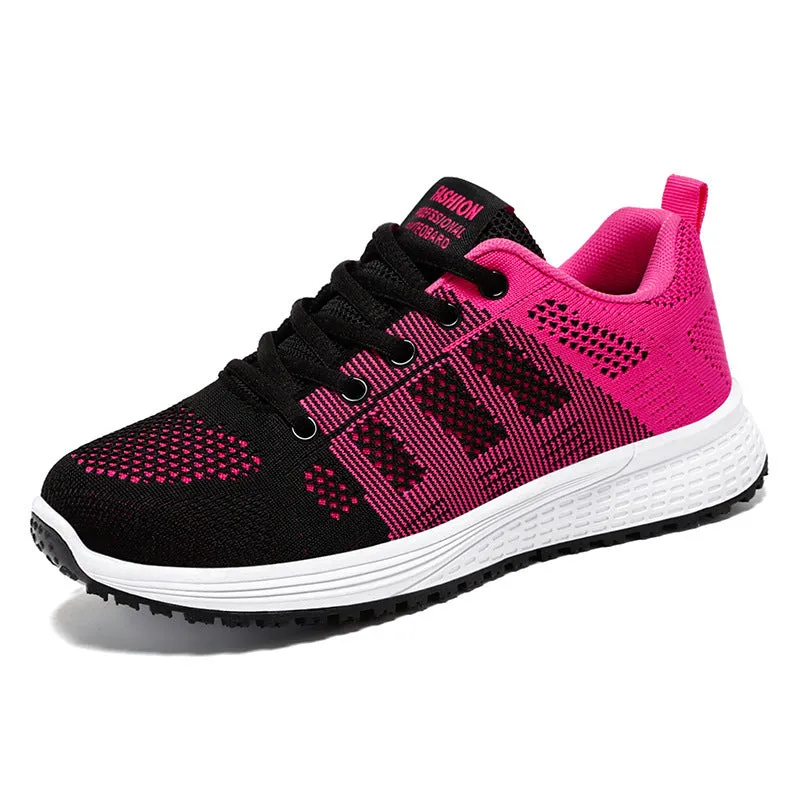 Women's Flyknit running shoes in black, rose red, or gray pink with a soft sole and flat heel.