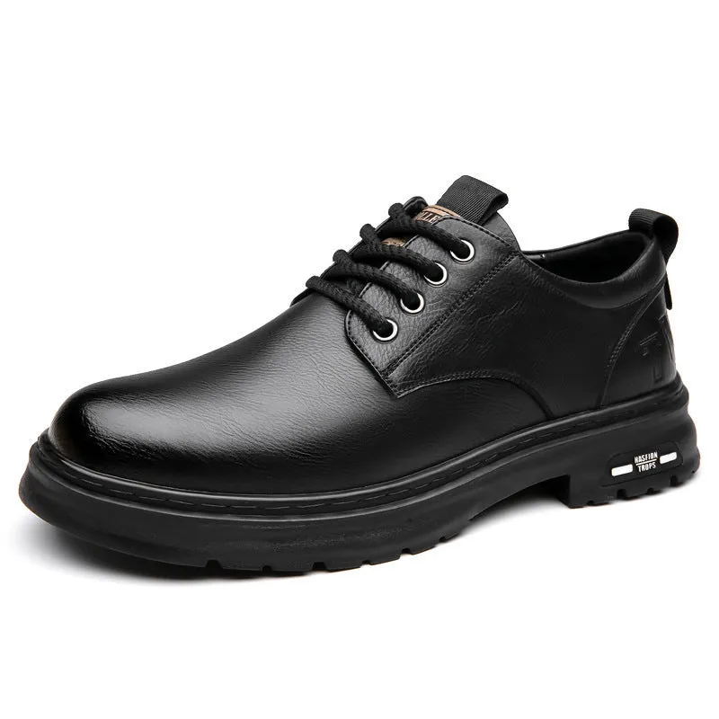 Retro men's casual leather-style shoes in black with round toe and visible stitching