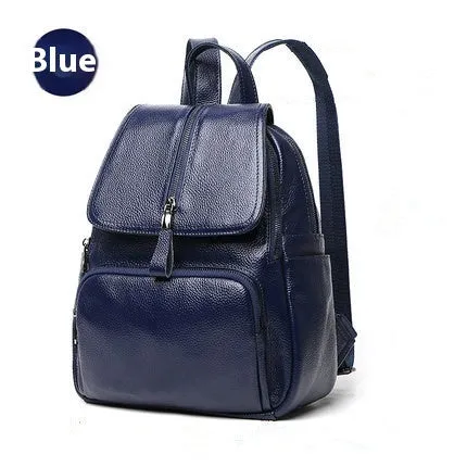Genuine leather blue women's backpack showing front sandwich pocket and street trend design.